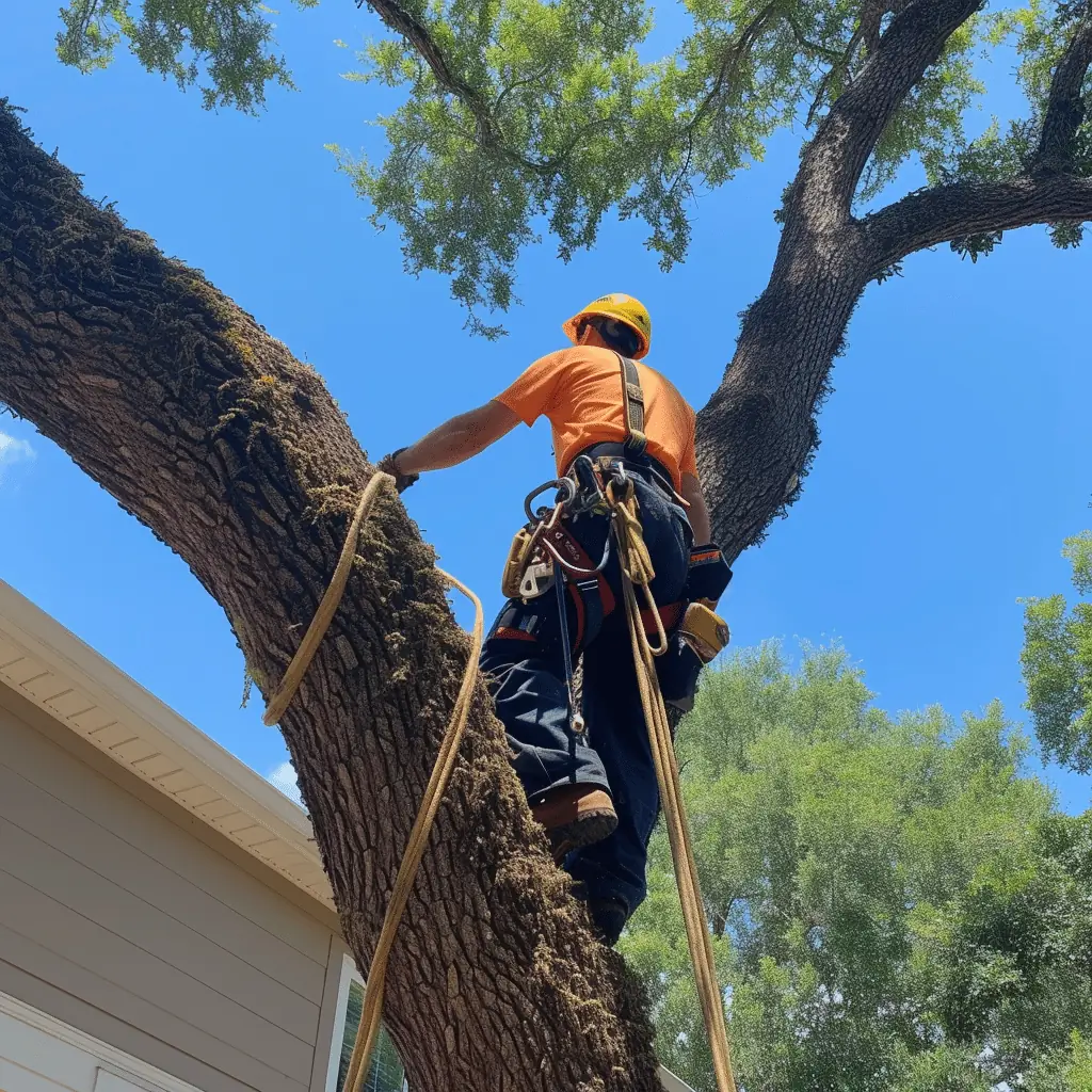 Arborist in a yellow helmet and climbing harness standing on a large oak limb beside a house