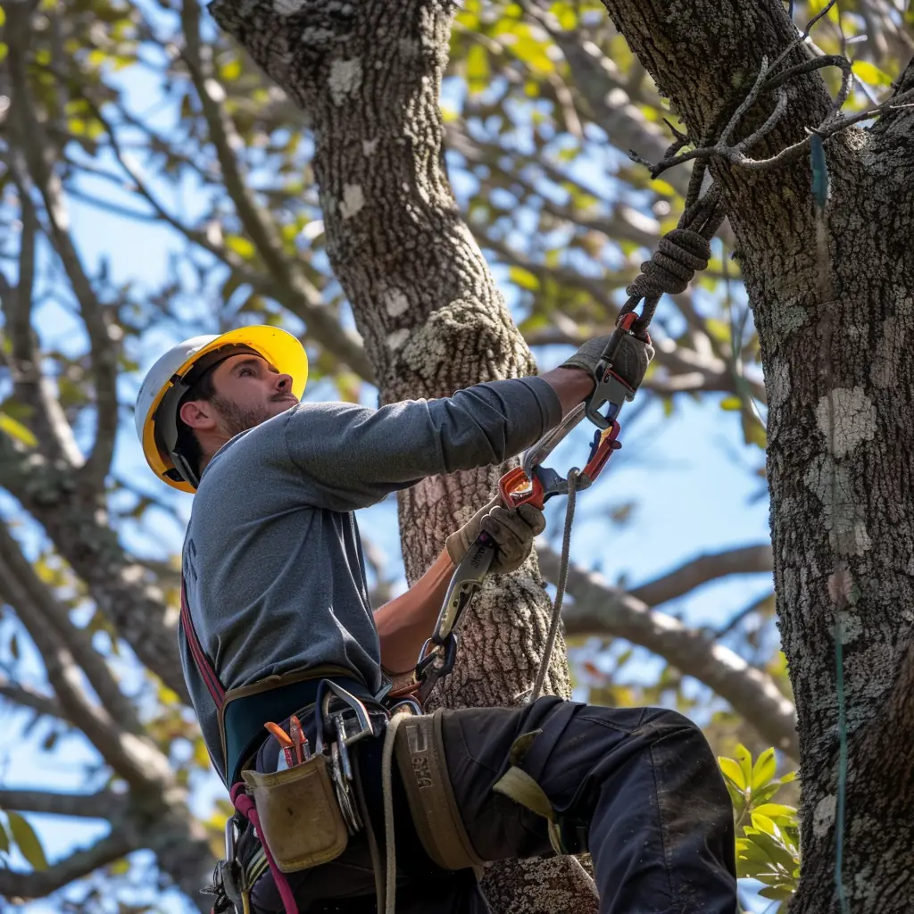 Climber in a yellow hard hat and harness reaching up a tree trunk on a rope