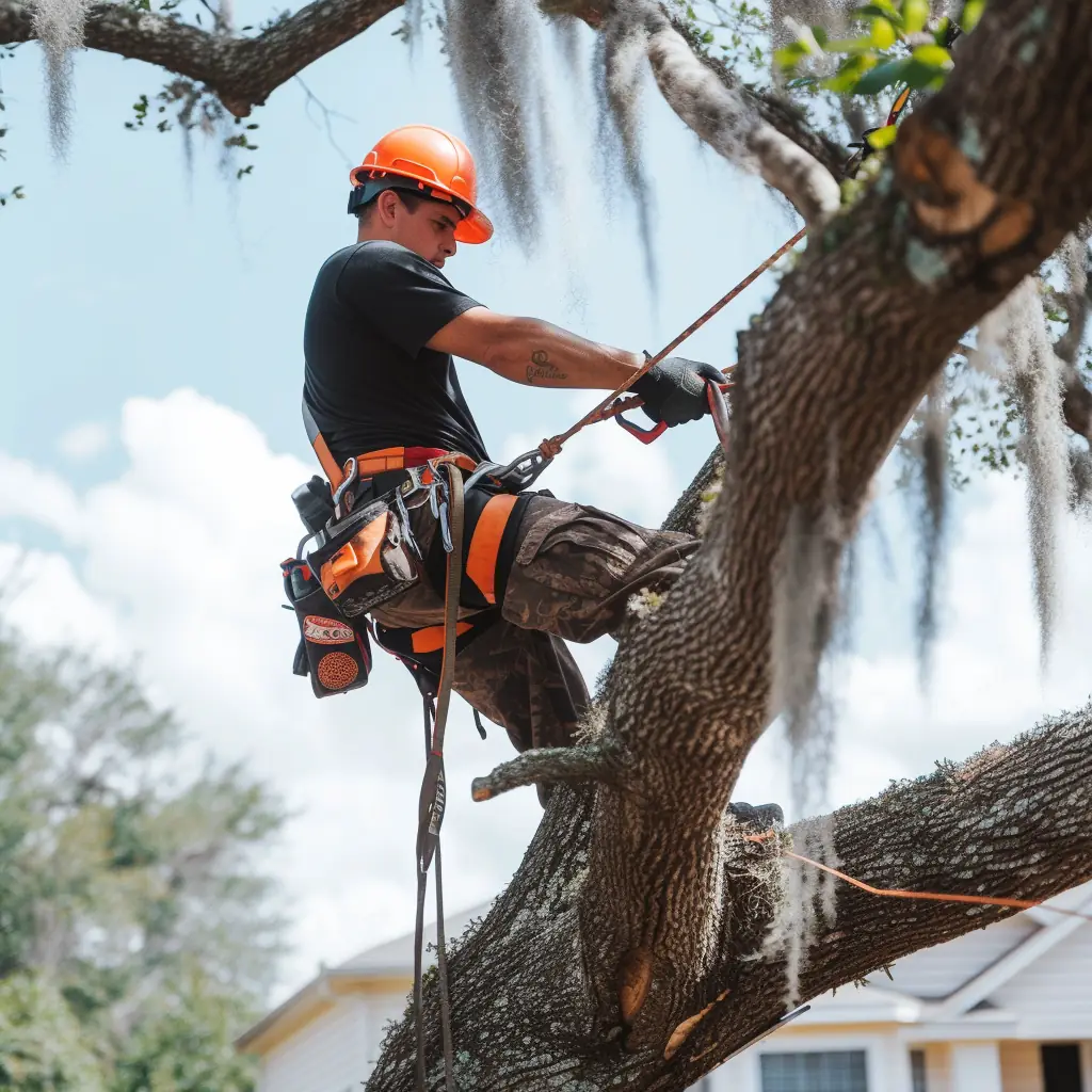 Arborist in an orange helmet climbing a live oak hung with Spanish moss above a house