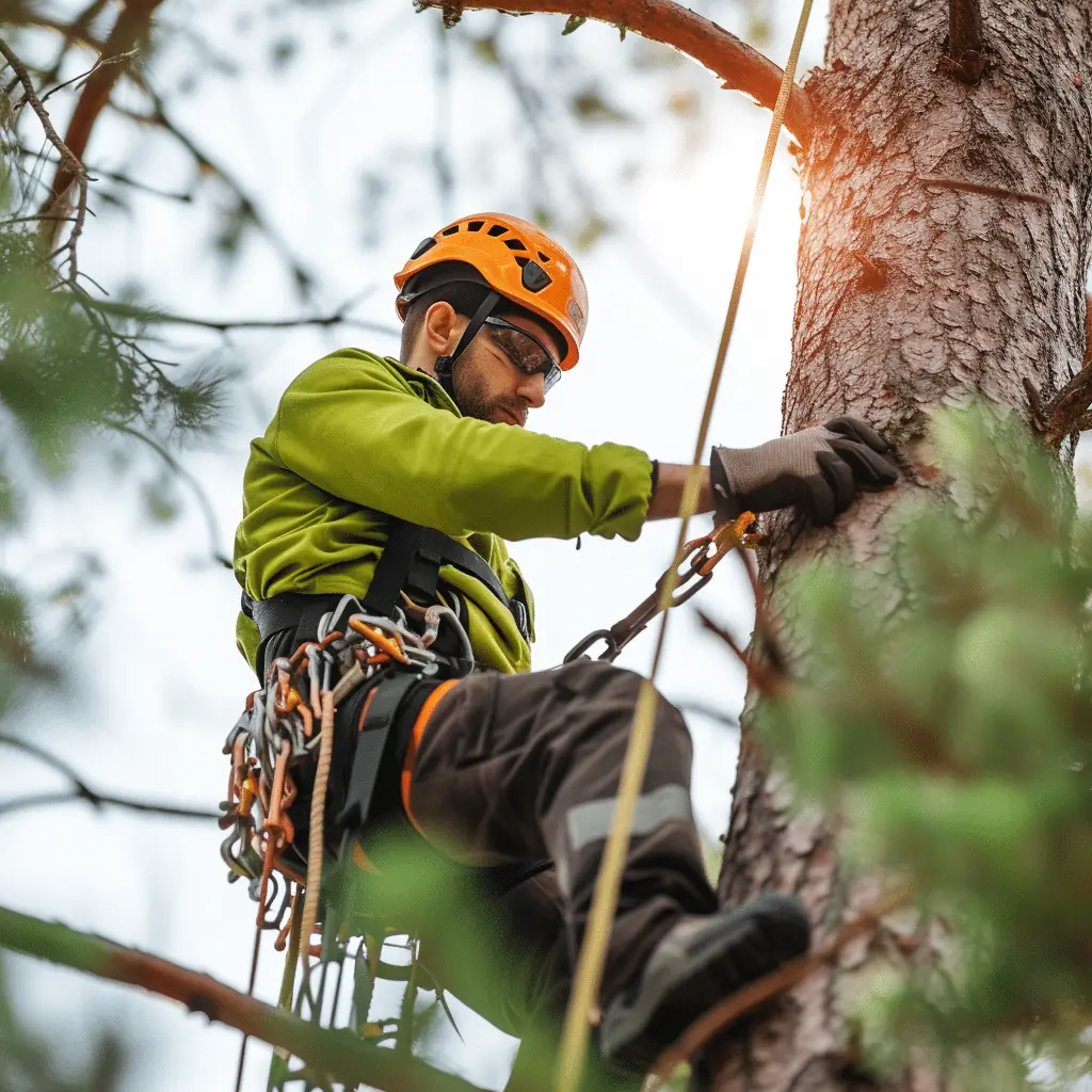 Climber in an orange helmet and lime shirt secured by ropes high on a pine trunk