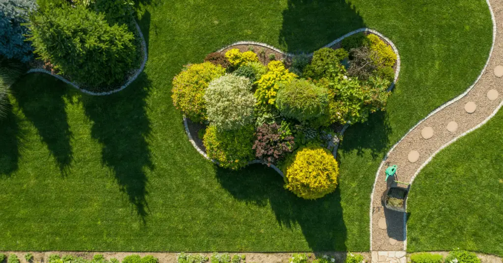 Tree Demossing 4 Overhead view of a landscaped lawn with a bed of shrubs and a curving stone path