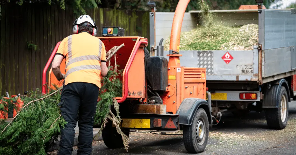 Storm Cleanup in Maitland, FL 1 Worker in a white helmet and hi-vis vest feeding branches into an orange wood chipper behind a dump truck