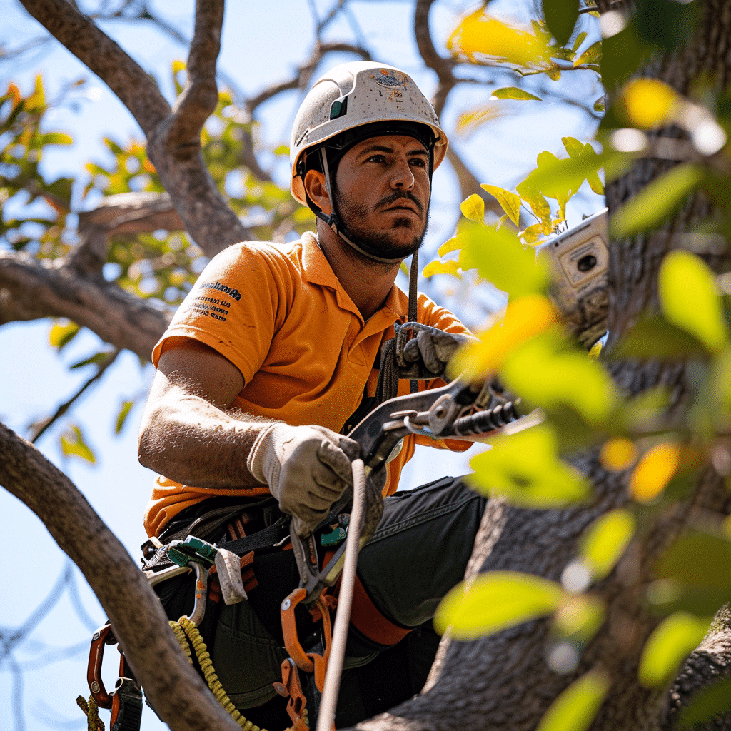 Tree climber in an orange shirt and white helmet, roped into an oak and holding a pruning tool