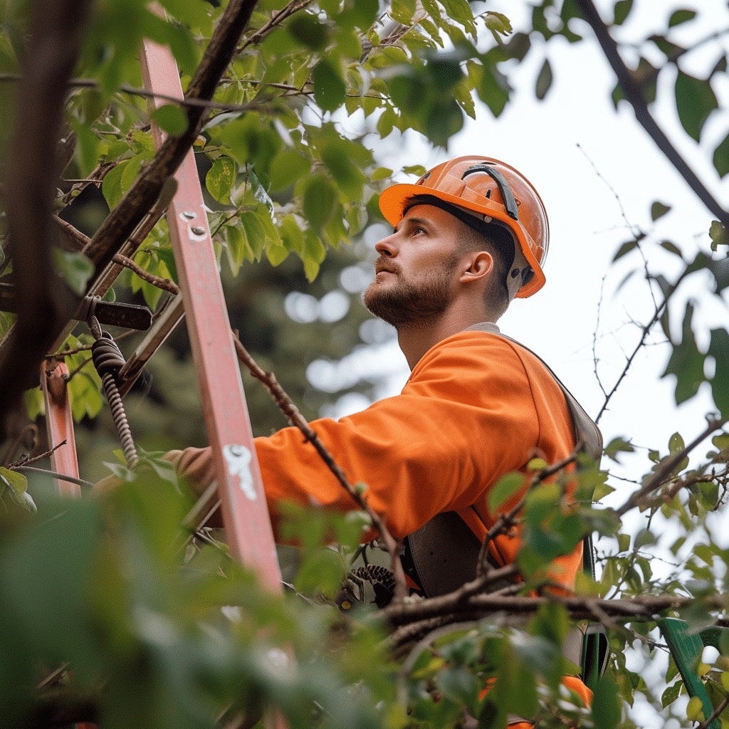 Arborist in an orange helmet and vest on a ladder, looking up into leafy branches