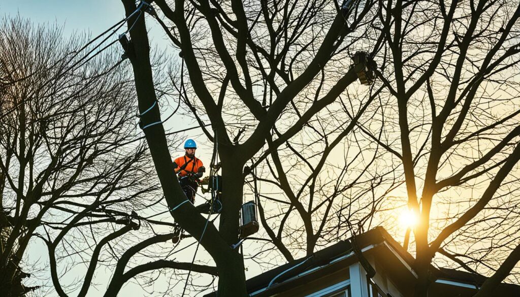 Signs Your Tree Needs Removal 1 Arborist in a blue helmet working high in bare treetops at sunset above a rooftop