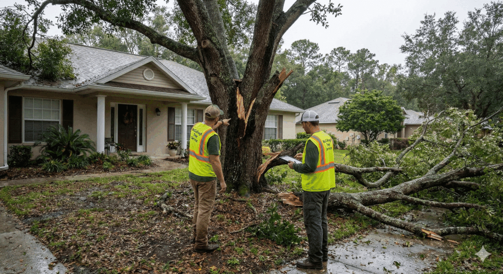 Hazardous Tree Removal: Why Declining Laurel Oaks Are a Storm Risk 1 Two workers in hi-vis vests inspecting a split oak that has dropped a limb across a front yard