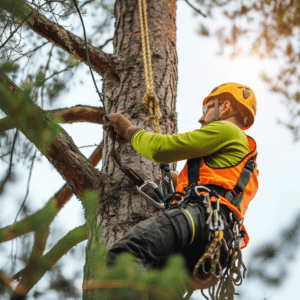 Climber in a yellow helmet, green shirt and orange vest, roped to a pine trunk