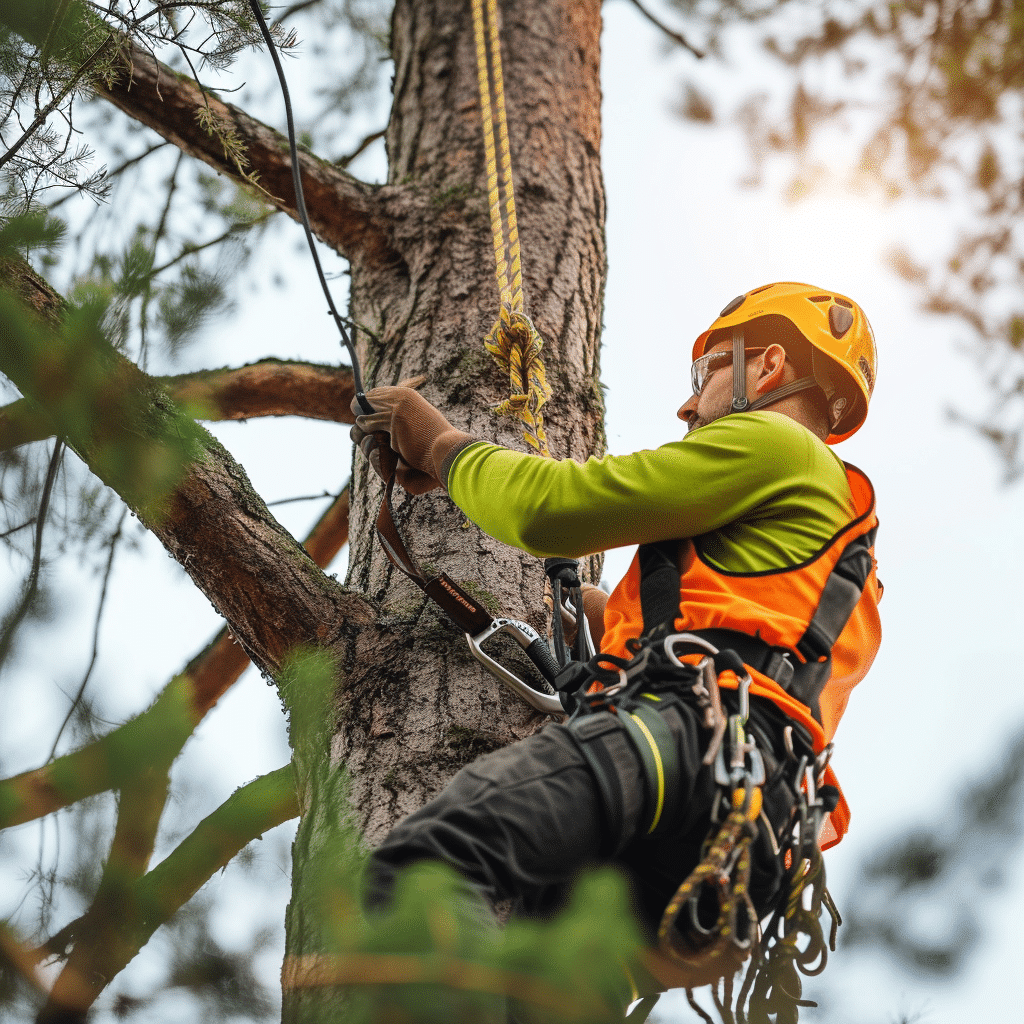 Safe Hazardous Tree Removal in Orlando – Proven Solutions 2 Climber in a yellow helmet and orange vest roped to a pine trunk, holding a chainsaw cord