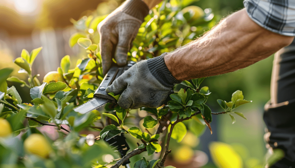 Gloved hands trimming a leafy shrub with hand pruners, with lemons in the background