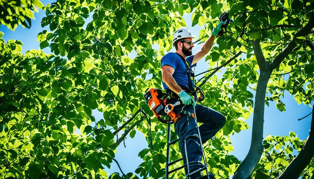 Worker in a white hard hat and gloves standing on a ladder among green leaves, with a chainsaw on his belt