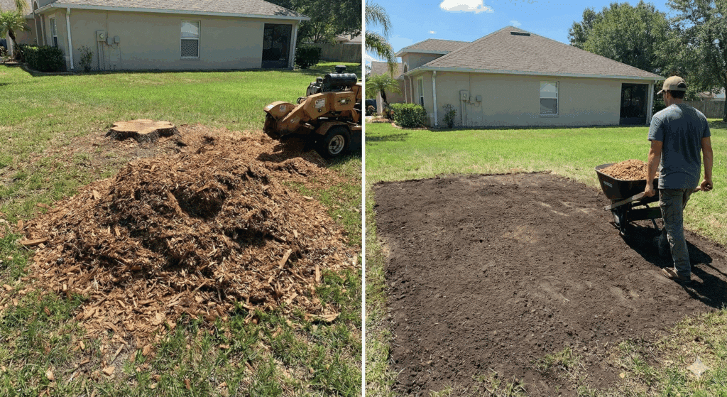 The Hidden Truth About Stump Grinding: Who Cleans Up the Mess? 1 Before and after of stump grinding: a pile of wood chips beside a grinder, then a worker with a wheelbarrow over bare soil