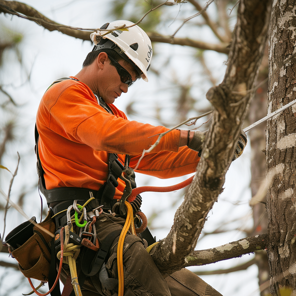 Safe Hazardous Tree Removal in Orlando – Proven Solutions 1 Climber in an orange shirt and white helmet cutting a branch with a rope and harness gear