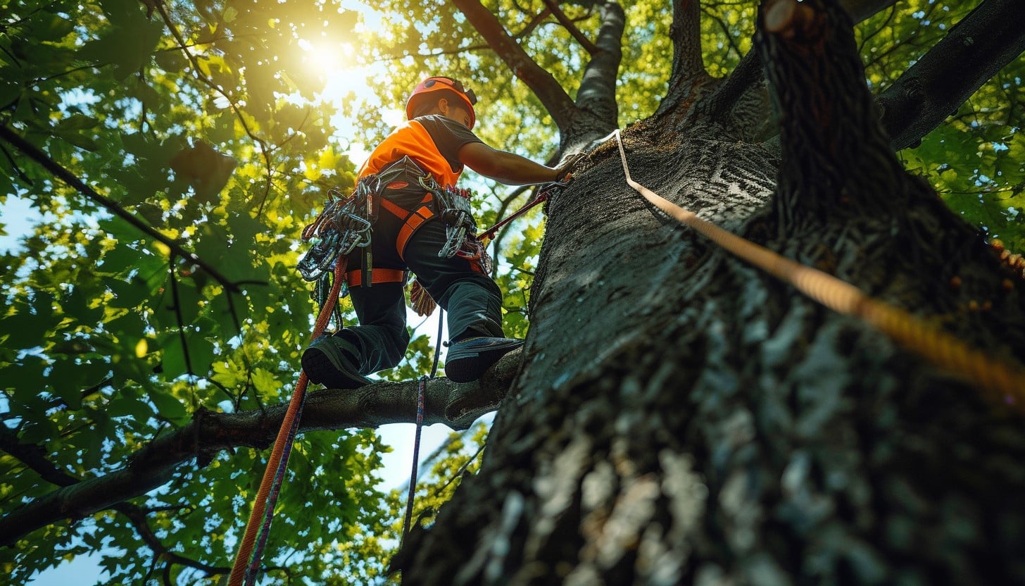 Arborist in an orange vest roped to a branch, seen from below against sunlit green leaves