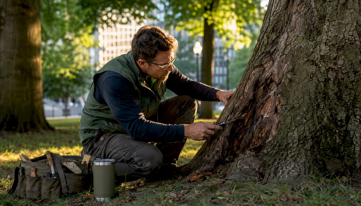 Tree Bark Damage Identification List: A Practical Guide 2 Arborist assessing mechanical damage on tree bark