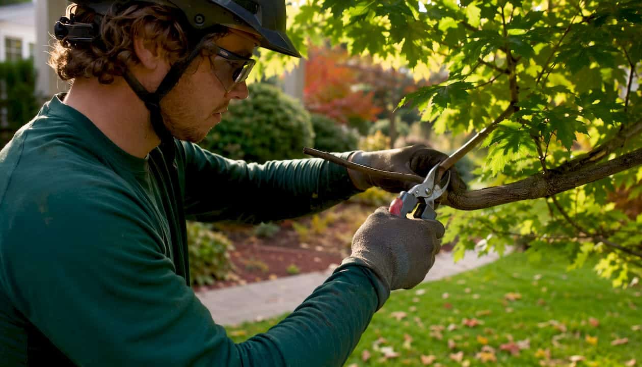 Arborist pruning lateral branch precisely