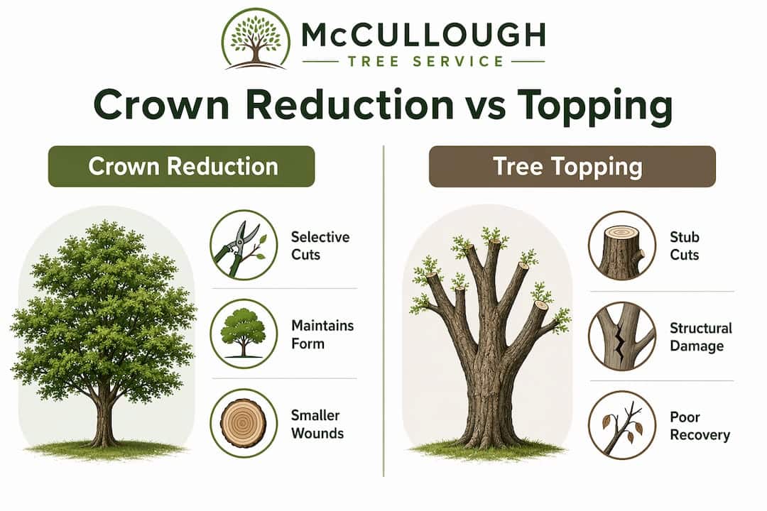 Infographic comparing crown reduction and tree topping