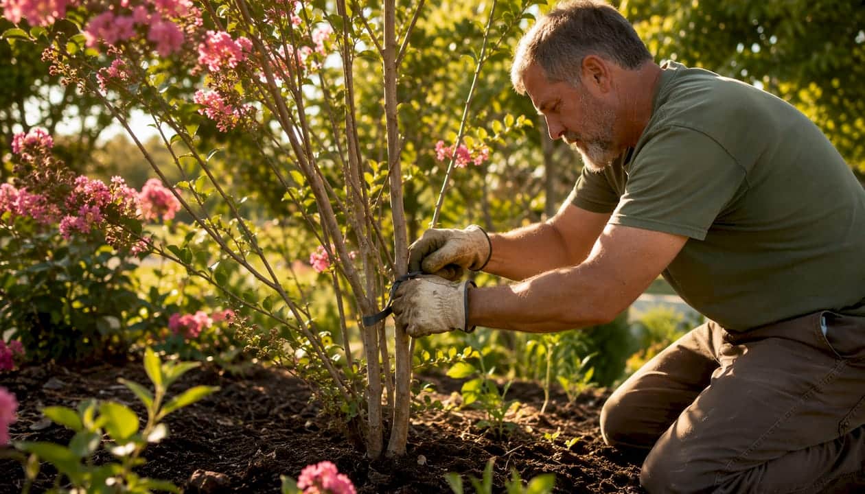 Hands tying young tree branch for shaping