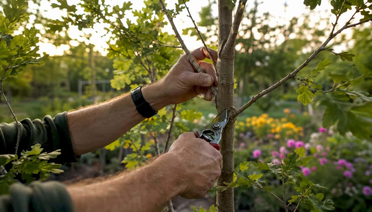 Close-up pruning competing stem on young tree