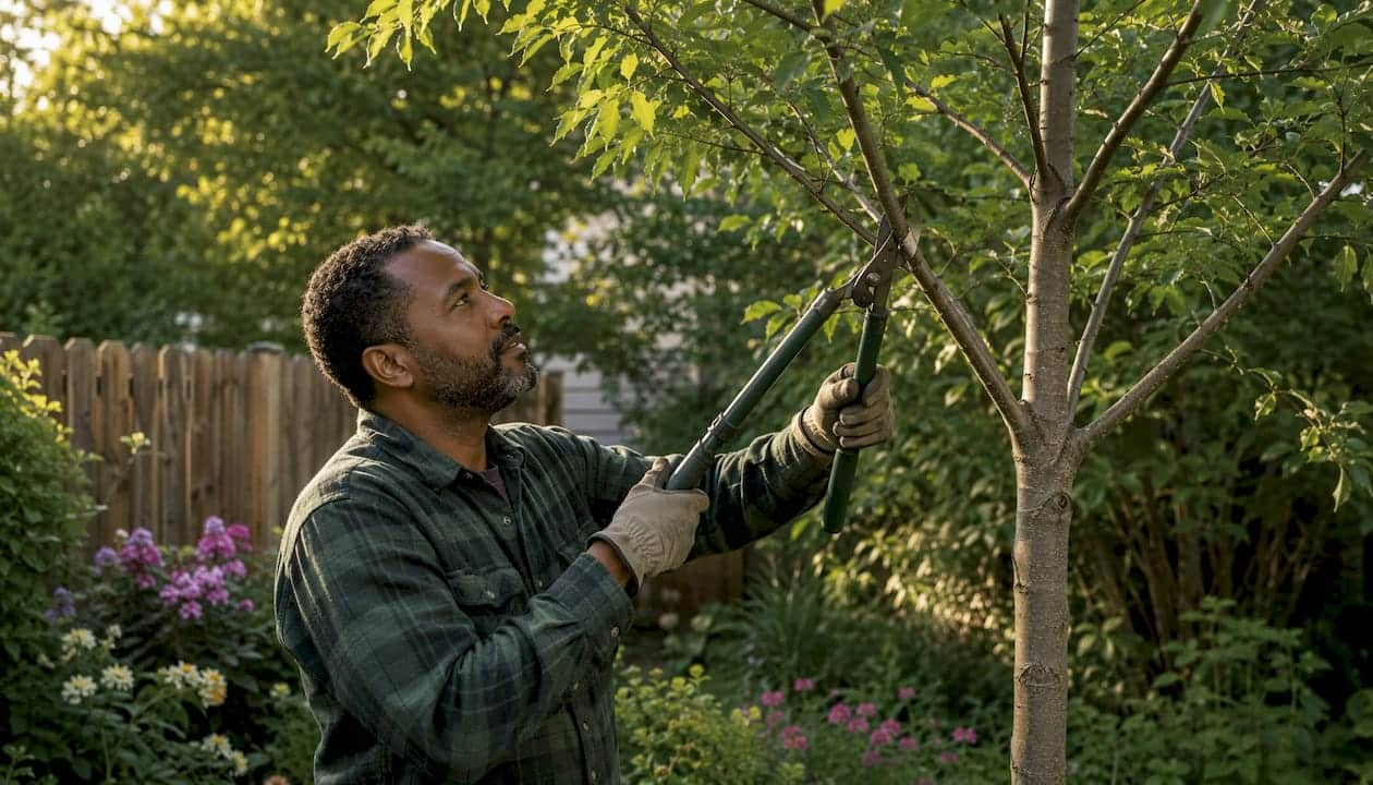 Arborist pruning vigorous lateral branch outdoors