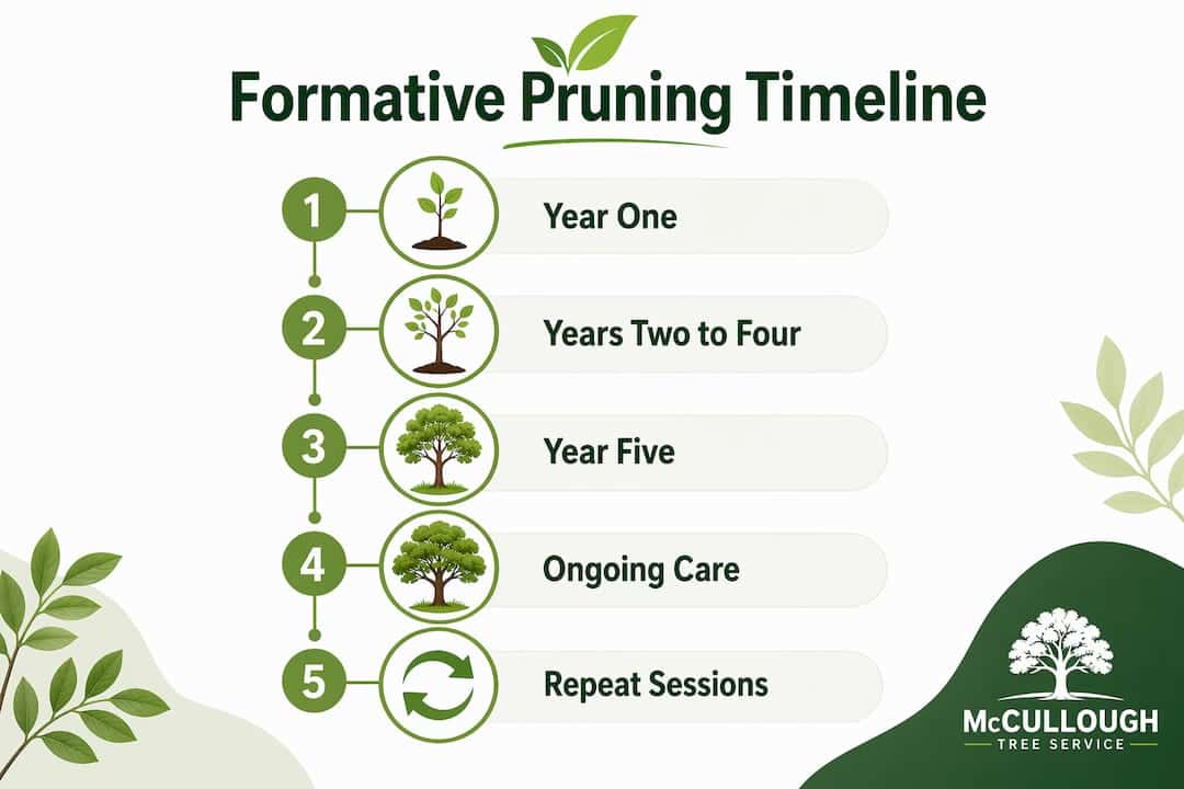 Infographic outlining formative pruning timeline steps