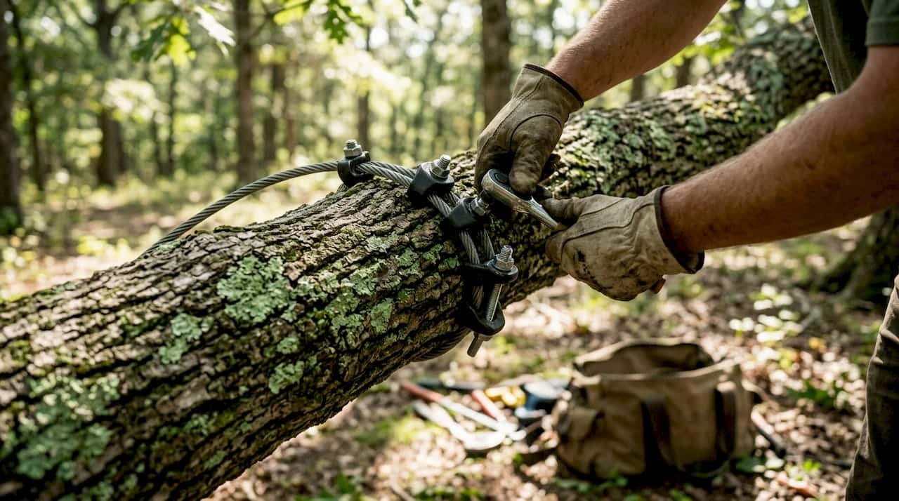 Close-up of hands installing tree cable