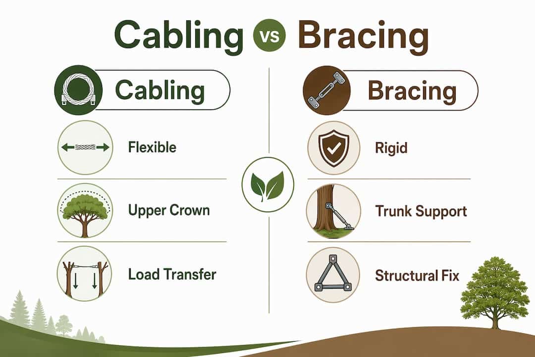 Infographic comparing tree cabling and bracing
