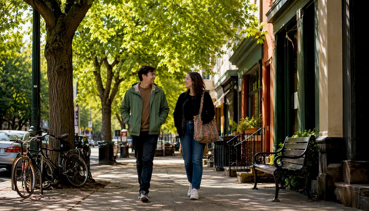 Shaded city street with pedestrians and bike lane