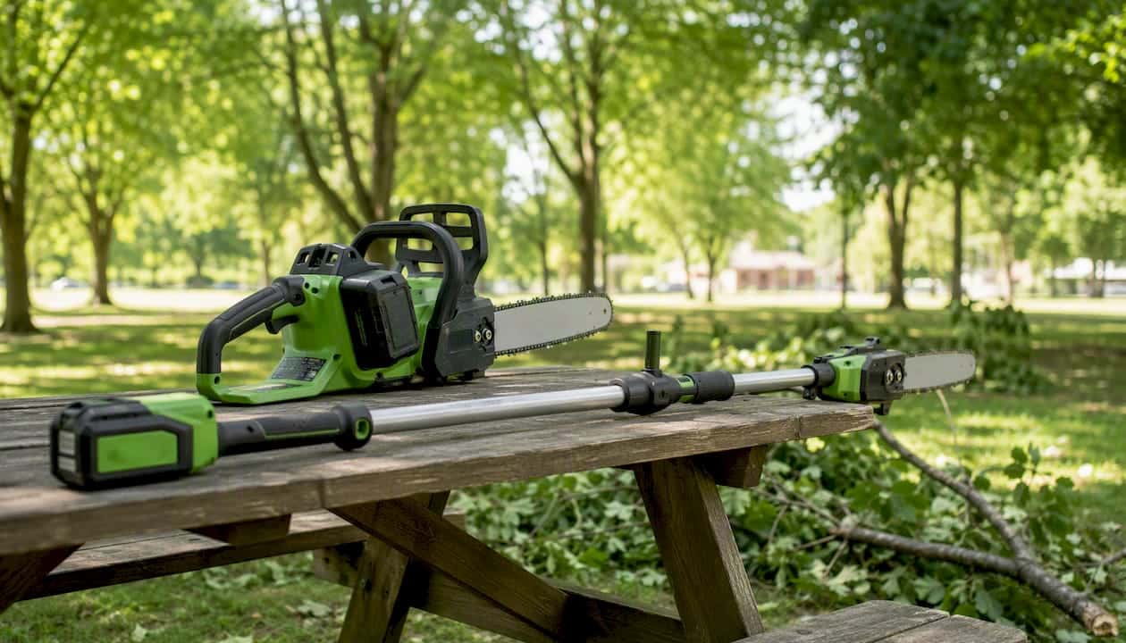 Battery-electric chainsaw and pole saw on grass