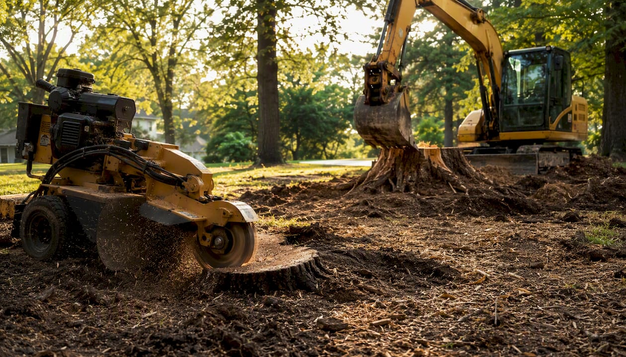 Side-by-side stump grinding and removal equipment