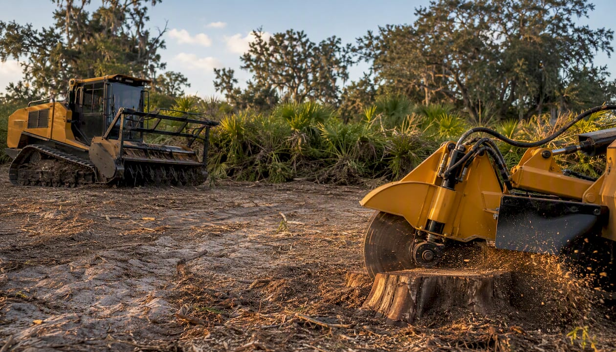 Land Clearing Methods Compared: 2026 Costs and Best Picks 2 Forestry mulcher and stump grinder on site