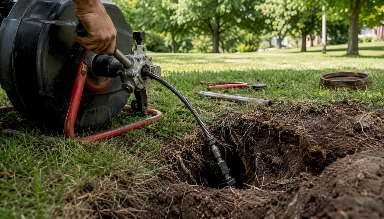 Tree Roots in Your Sewer Line: Fix It for Good 1 Mechanical root cutter tool at sewer pipe trench