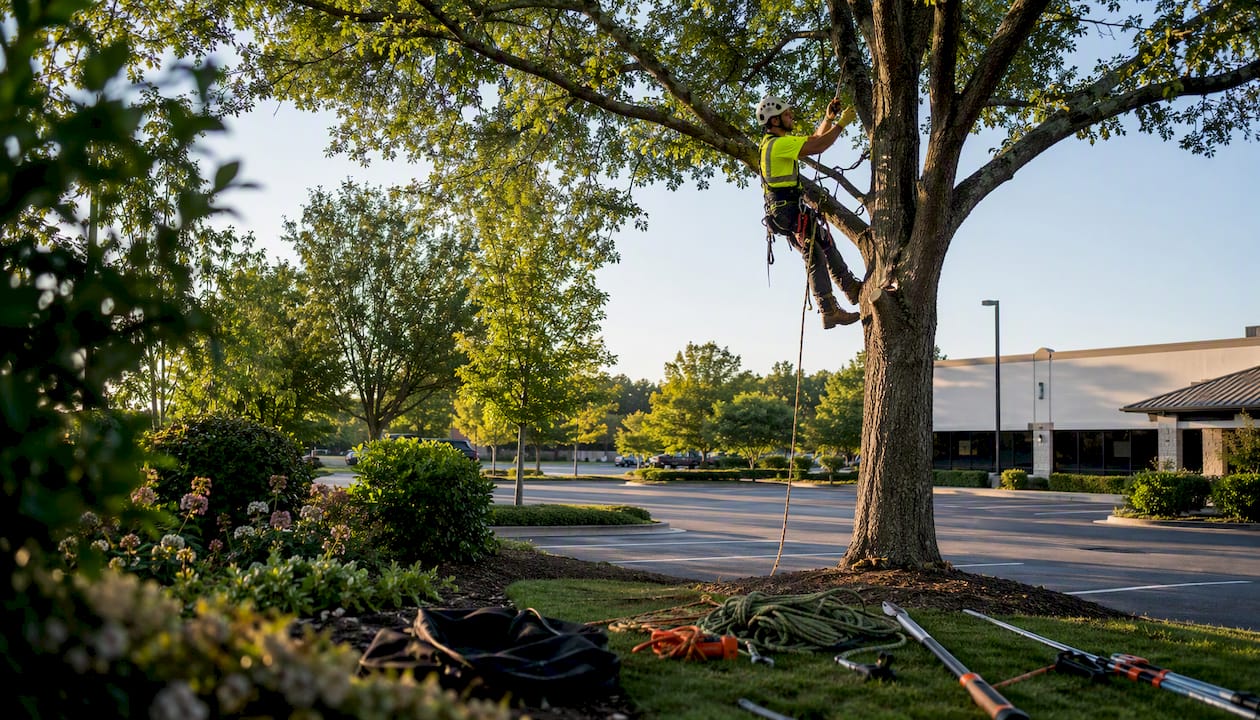 Arborist pruning commercial parking lot tree