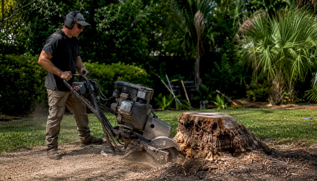 Arborist grinding infected palm stump