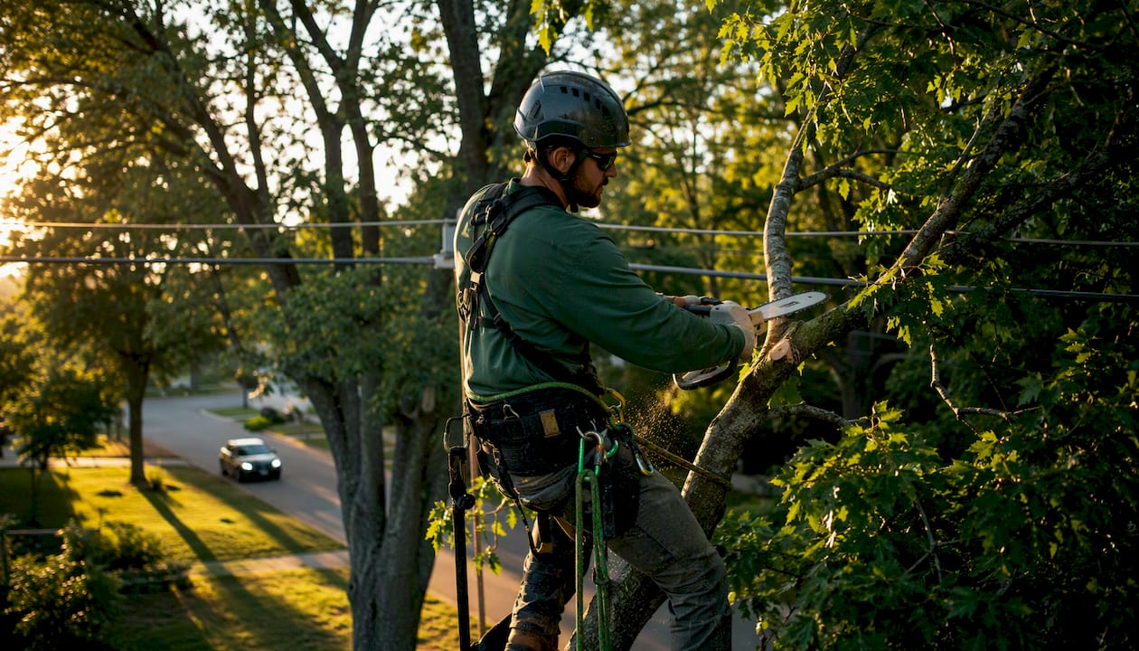 Trees Near Power Lines: What Every Homeowner Must Know 1 Arborist performing directional pruning near power lines