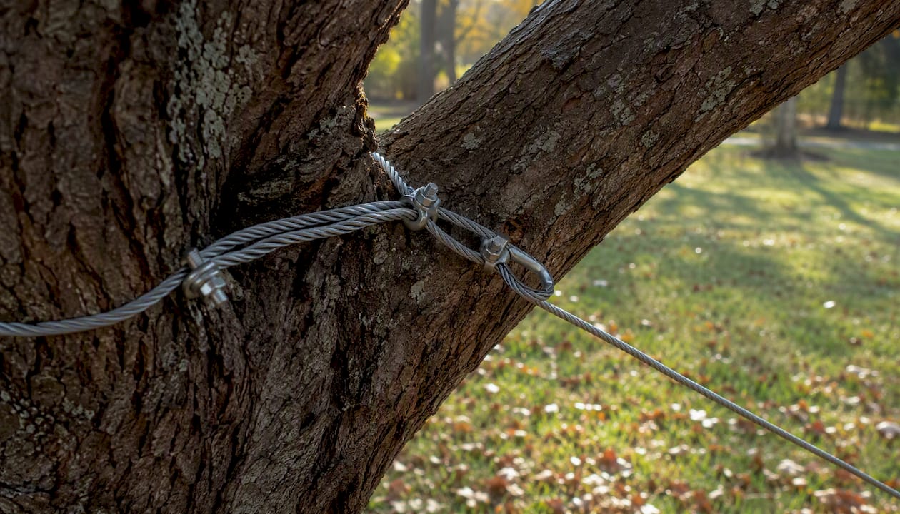Storm Damage Prevention Tips for Property Owners 1 Steel cable bracing tree limb union