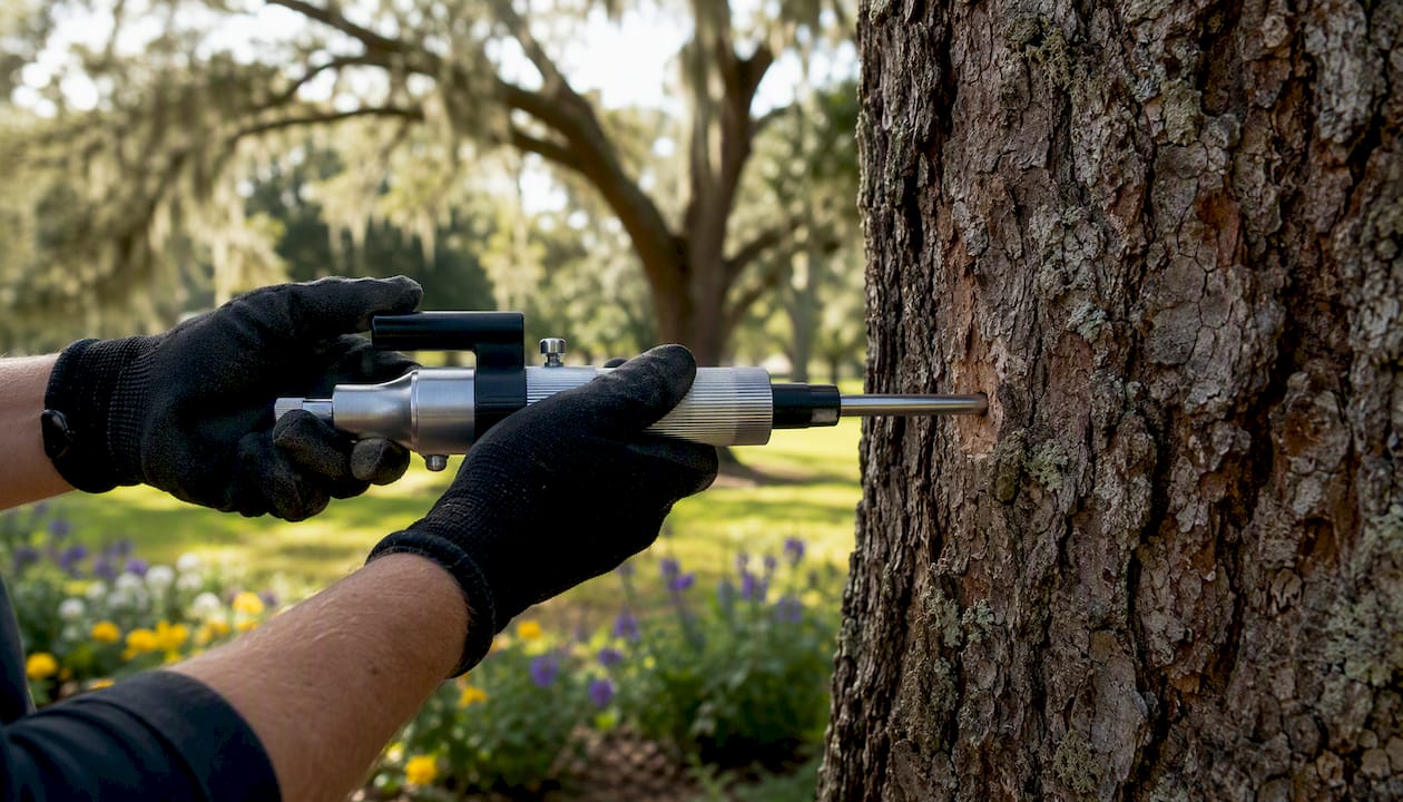 Conks on Tree: What Homeowners Need to Know Now 2 Arborist using resistograph on tree trunk