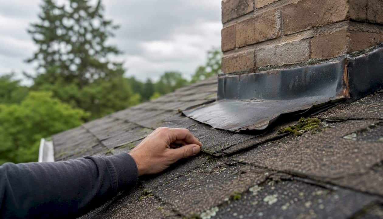 Close-up of roof shingles and flashing defects