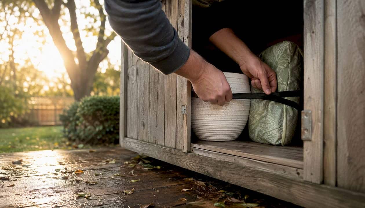 Hands securing patio furniture in backyard