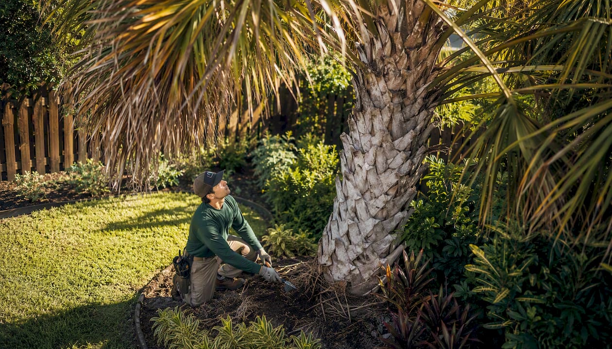Arborist inspecting palm roots and canopy