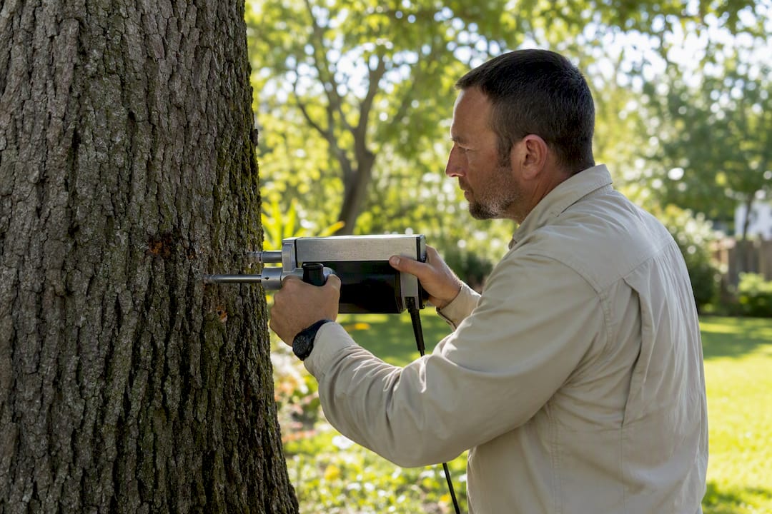 Arborist assessing tree roots and trunk health