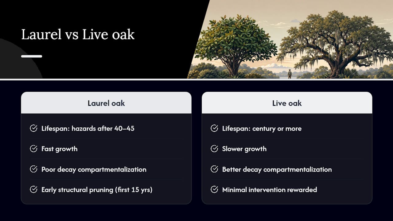 Comparison of laurel oak and live oak care and lifespan
