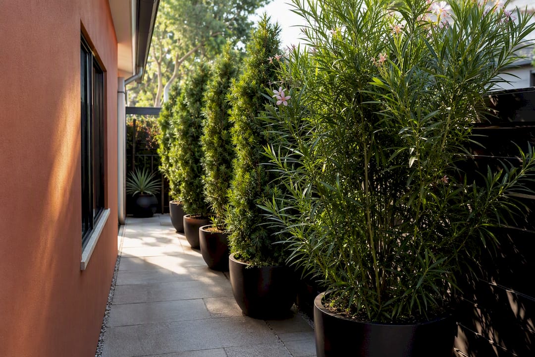 Narrow side yard with columnar privacy plants