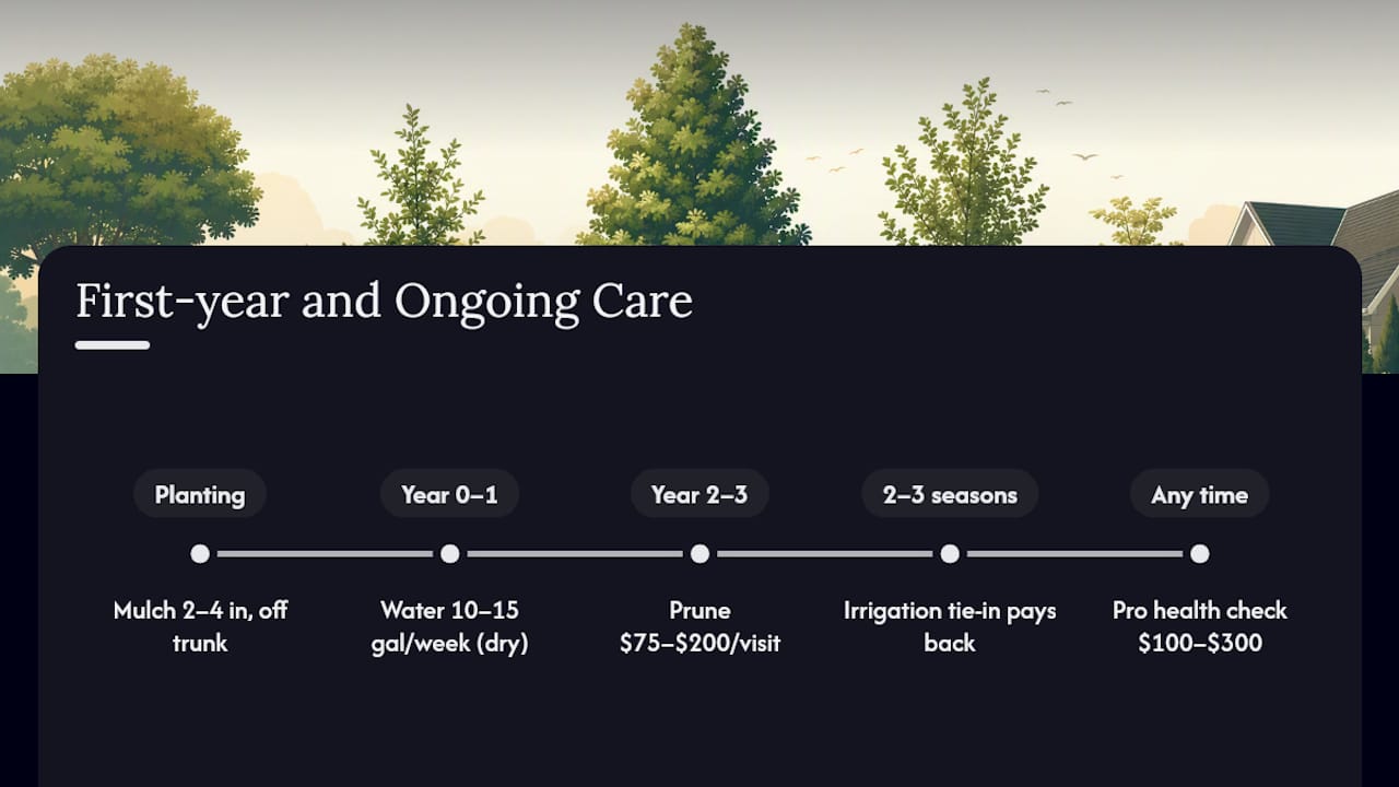 Tree care timeline with watering and service costs