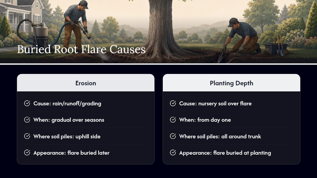 Homeowners: 7 Step Root Flare Fix, Air Spade vs Hand Tools, DIY or Hire 2 Comparison of two root flare burial causes