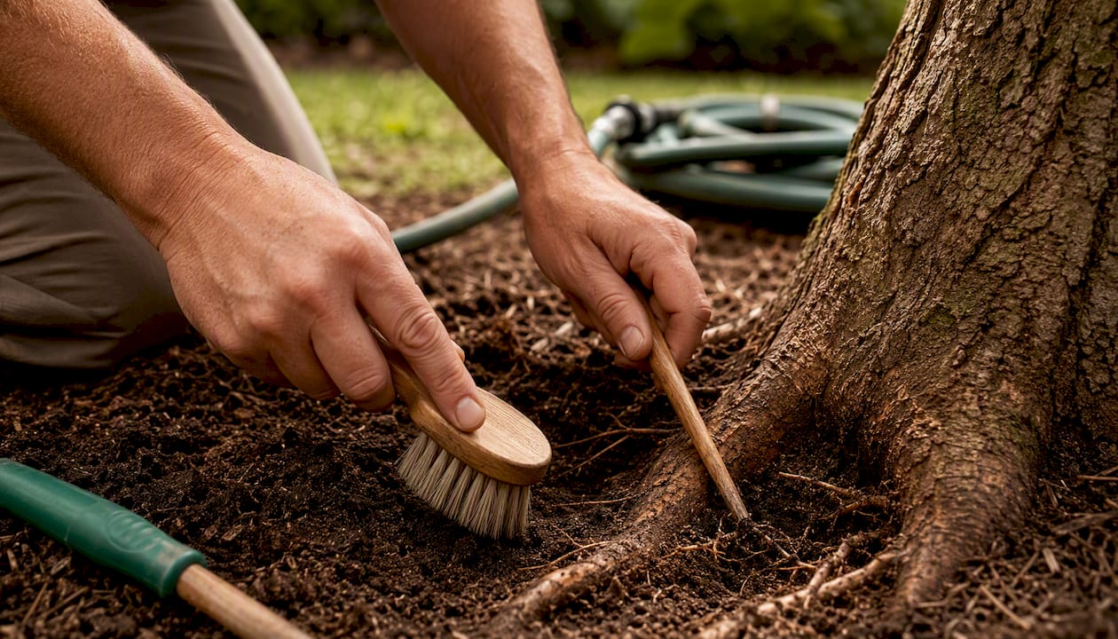 Homeowners: 7 Step Root Flare Fix, Air Spade vs Hand Tools, DIY or Hire 1 Hand tools clearing soil from tree roots